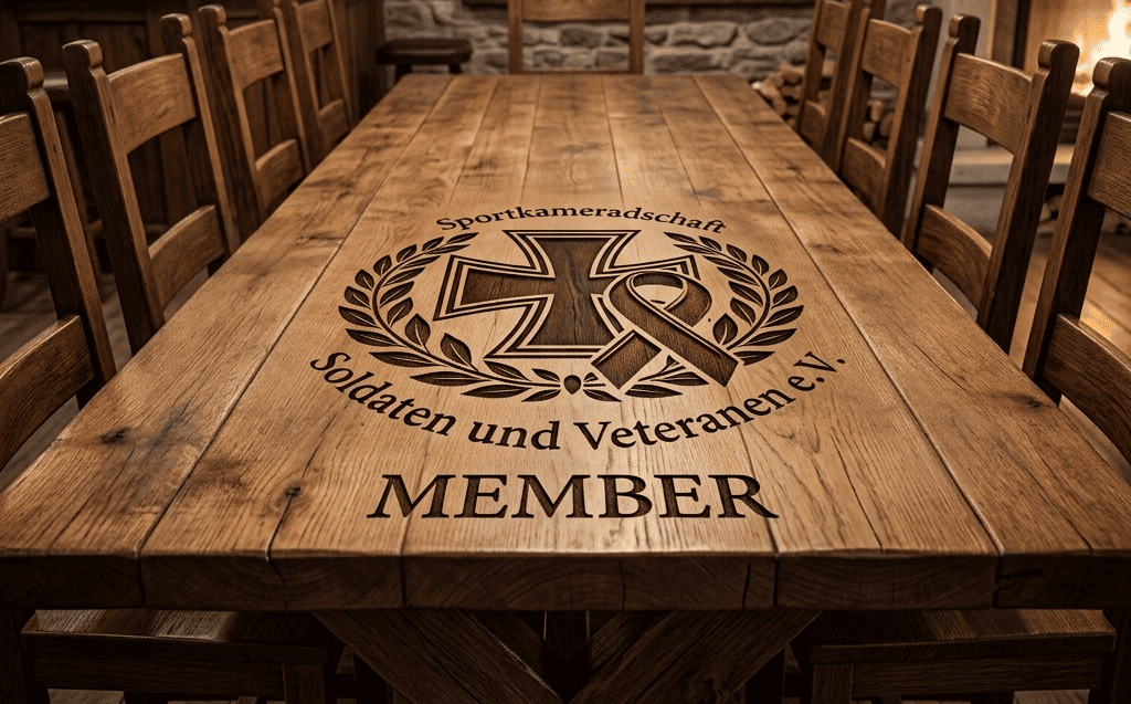 Tisch aus Eiche mit eingebrantem Member Logo